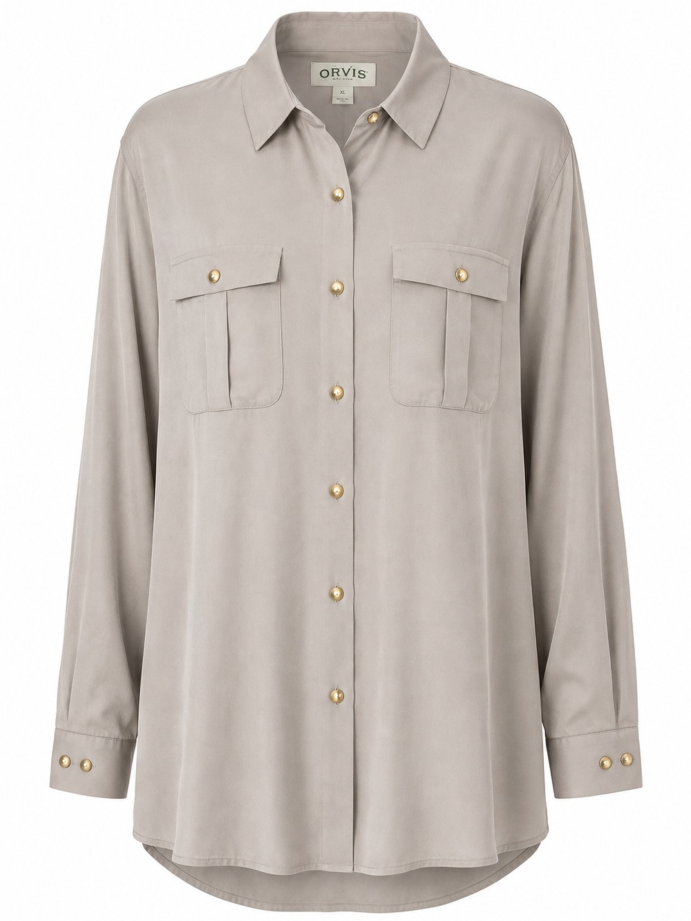 ORVIS | 100% Silk Taupe Button Down Career Ling Sleeve Blouse Office Shirt | XL
